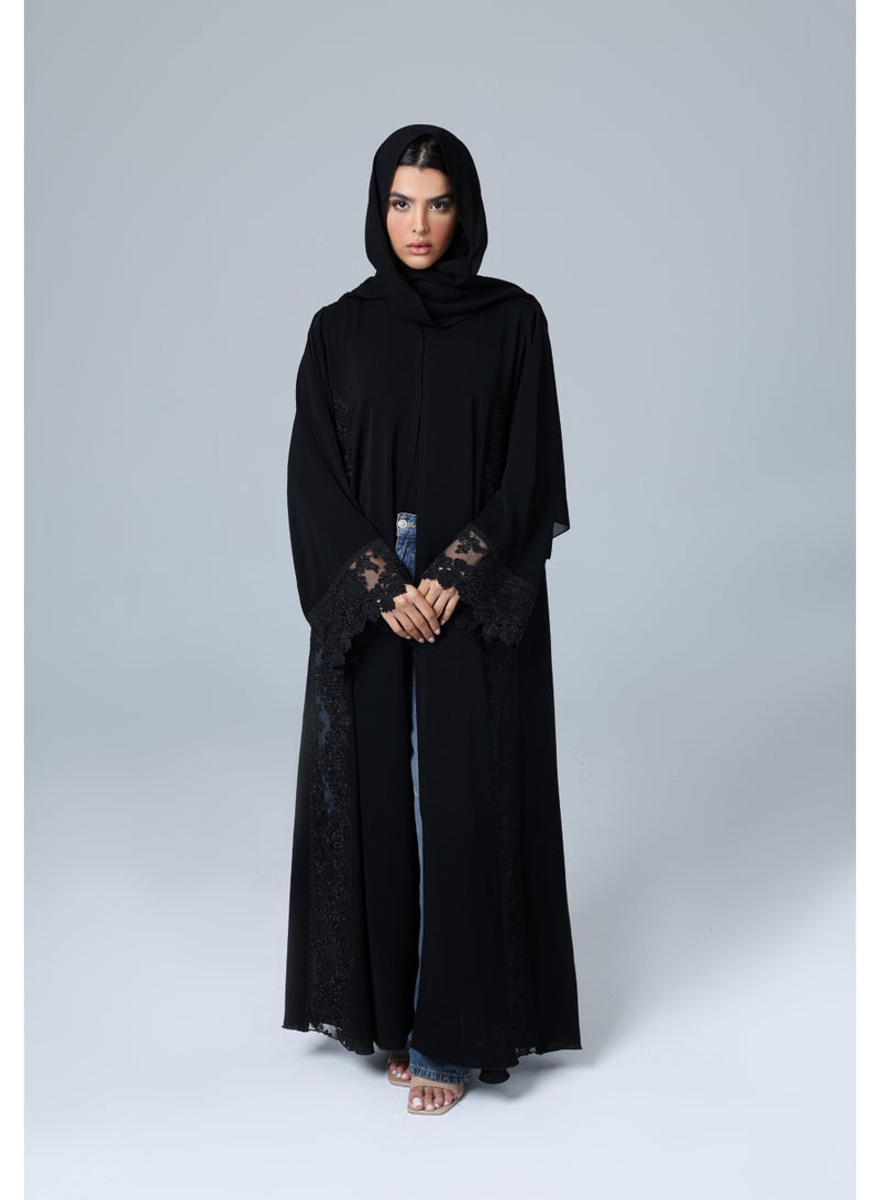 اكسا عباية بتفاصيل دانتيل كريستال أسود - Image 4